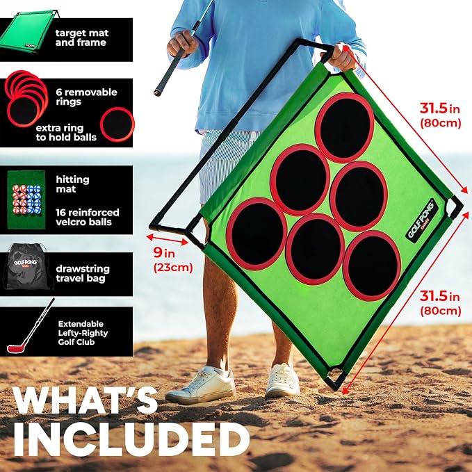 Golf Pong Game Set, Jumbo Backyard Lawn Game, Portable Indoor-Outdoor Chipping Golf Gift for Men, Women & Family Plus Club