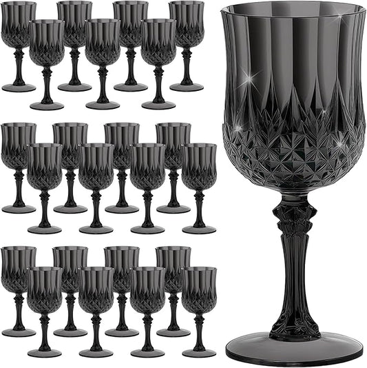 7OZ Plastic Wine Glasses, Reusable Vintage Goblets Unbreakable Drinking Glasses Crystal Water Cups Champagne for Wedding, Parties (24, Black)