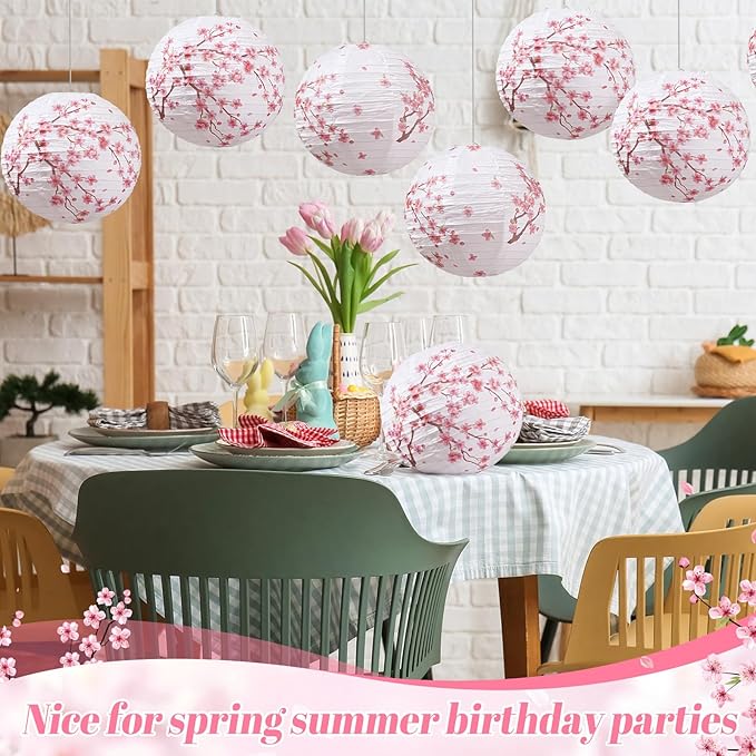 Honoson 12 Pcs Cherry Blossom Paper Lanterns Spring Floral Cherry Blossom Party Decorations Hanging 10 Inch Chinese Lanterns for Wedding Bridal Shower Baby Shower Tea Party Decorations