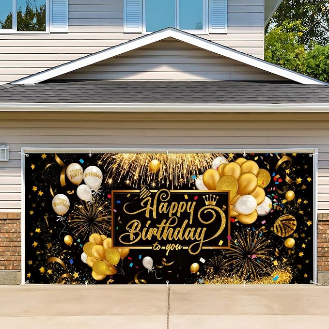 Happy Birthday Garage Door Banner Cover 7x16FT Waterproof –Luxury Black Gold Fireworks & Balloons Backdrop with Crown Design,Indoor Outdoor Decor for Birthday Party,Anniversary, Photo Booth