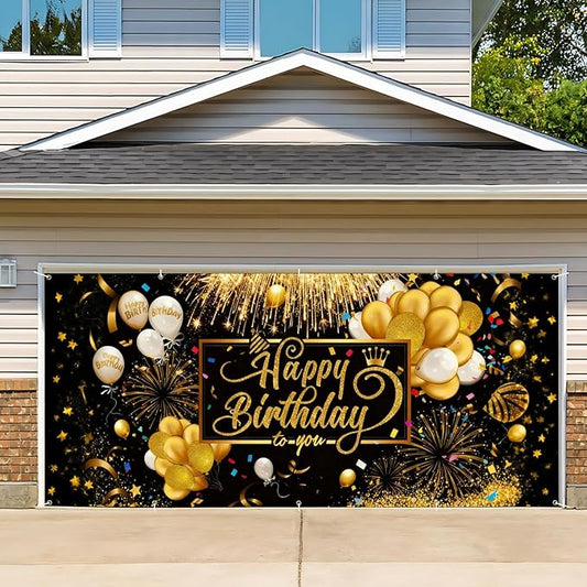 Happy Birthday Garage Door Banner Cover 7x16FT Waterproof –Luxury Black Gold Fireworks & Balloons Backdrop with Crown Design,Indoor Outdoor Decor for Birthday Party,Anniversary, Photo Booth
