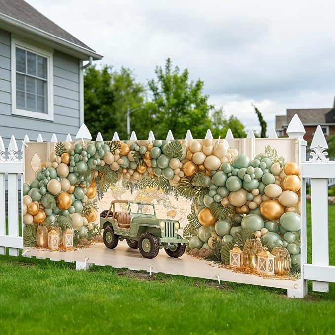 Happy Birthday Garage Door Banner Cover 7x16FT Waterproof –Jeep & World Map Backdrop with Green Gold Balloons,Indoor Outdoor Decor for Baby Shower,1st Birthday,Travel Themed Party & Photo Booth