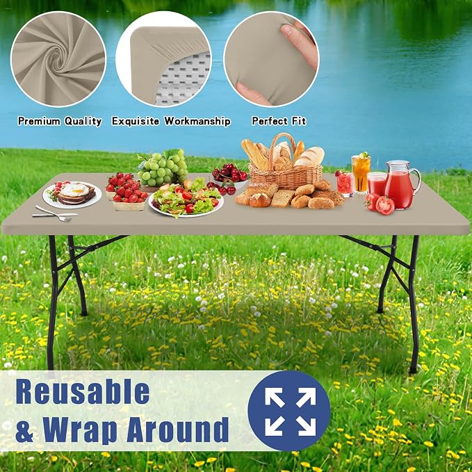 Moosfor Spandex 4 Foot Rectangle Table Cloth 6 Pack, Elastic Fitted Tablecloths for Picnic, Stretch Washable Patio Table Cover for Outdoor, Camping, Banquet and Parties (Taupe, 30"x48")