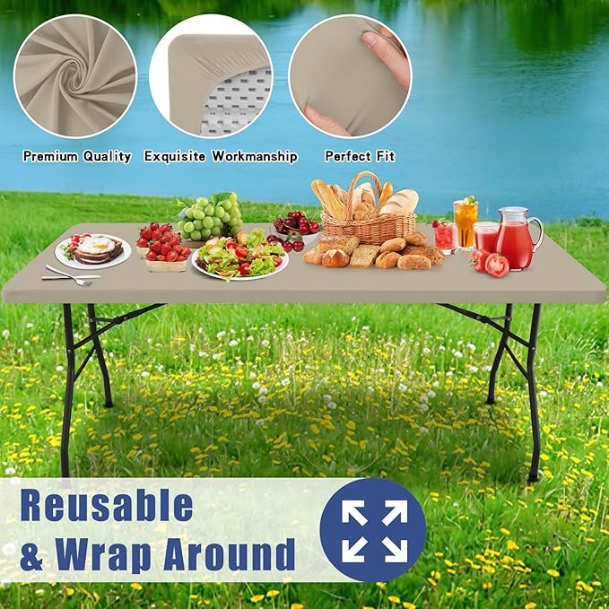 Moosfor Spandex 5 Foot Rectangle Table Cloth 6 Pack, Elastic Fitted Tablecloths for Picnic, Stretch Washable Patio Table Cover for Outdoor, Camping, Banquet and Parties (Taupe, 30"x60")