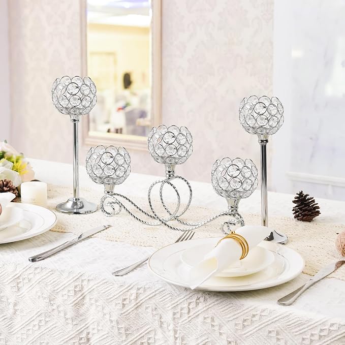 Silver 5 Arm Metal Crystal Tea Light Candle Holder, Elegant Wedding Table Centerpiece Candle Holder, Christmas Wishing Crystal Bowl Candle Holder Suitable for Wedding Party Living Room Decoration
