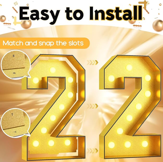 Number 2 Marquee, 4FT Light Up Numbers Gold Large Number 2 Marquee Mosaic Numbers for 2nd Birthday, Giant Marquee Number 4 Feet Tall DIY Frame Pre-Cut Foam Board Kit for Graduation Anniversary Party
