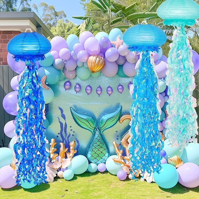 OBXT 10" Blue Jellyfish Paper Lanterns - Under the Sea Birthday & Mermaid Party Decorations, Ocean and Beach Theme Indoor Outdoor Hanging Decor, Baby Shower, Nautical Events (Set of 6)