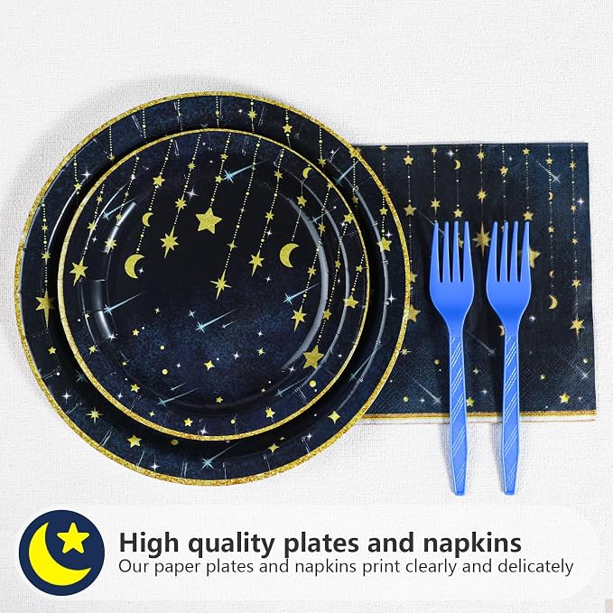 Grencian Gold Star Moon Party Supplies - 96Pcs Moon and Stars Party Supplies Plates and Napkins Navy Blue Celestial Hanging Crescent Disposable Tableware for Celestial Birthday Decorations Serve 24