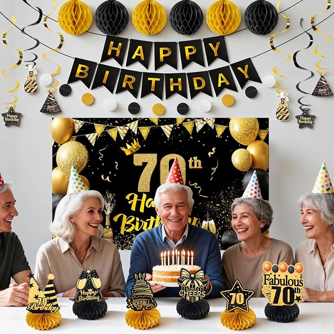Happy 70th Birthday Party Decoration: Including Birthday Banner Backdrop, Party Table Centerpieces and Hanging Swirl Party Streamers, Birthday Decor for Men and Women (Gold/Black, 70th Birthday)