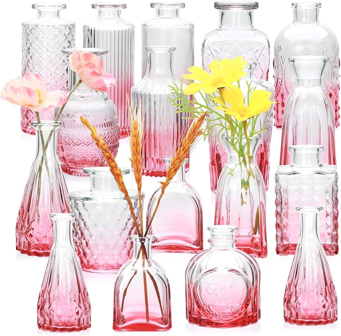 Glass Bud Vase Set of 18,Small Glass Vintage Vases for Flowers,Pink Bud Vases in Bulk for Rustic Wedding Decor,Table Centerpieces,Decor Centerpiece for Bathroom