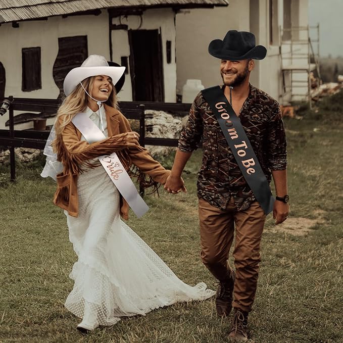 SATINIOR 2 Pieces Bride Cowgirl Hat with Veil, Groom and Cowboy Hats, Bachelorette Party Supplies Bride and Groom to Be Sash for Women Men Wedding Bridal Shower Decoration