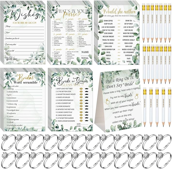 Sosation 331 Pcs Bridal Shower Games Supplies, 5 Sets (50 Cards Each) Wedding Games Cards, 1 Put a Ring on It Bridal Shower Game with 60 Rings and 20 Team Pencils for Wedding Engagement