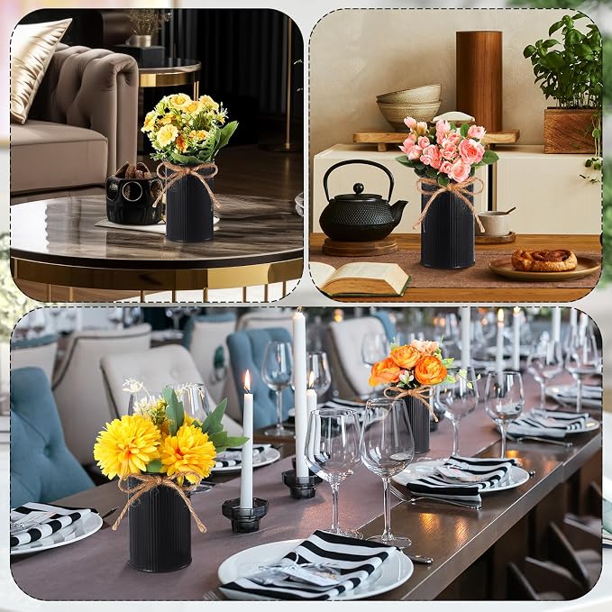 Rustic Vase for Table Centerpieces 4.33 Inch Small Petite Flower Vase with Twine Bow Vintage Farmhouse Decor for Wedding Reception Dining, Home Galvanized Metal Buckets(Black,12 Pcs)