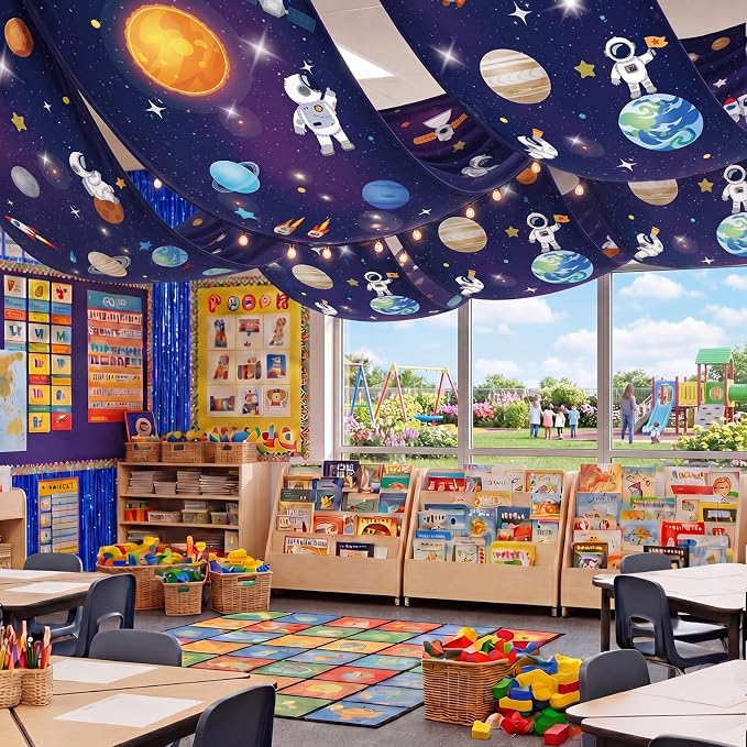 Irenare 5 Pcs Space Ceiling Decorations Planet Galaxy Party Decoration Set Astronaut Star Hanging Banner Dark Blue Tinsel Foil Fringe Curtain with Sparkling Stars for Space Astronaut Birthday Party