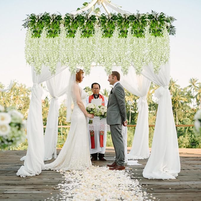 36 Pack Green White Wisteria Hanging Flowers, 3.44 Ft Fake Hanging Flowers, Artificial Wisteria Garland Vines for Wedding Room Backdrop Outdoor Patio Garden Decoration