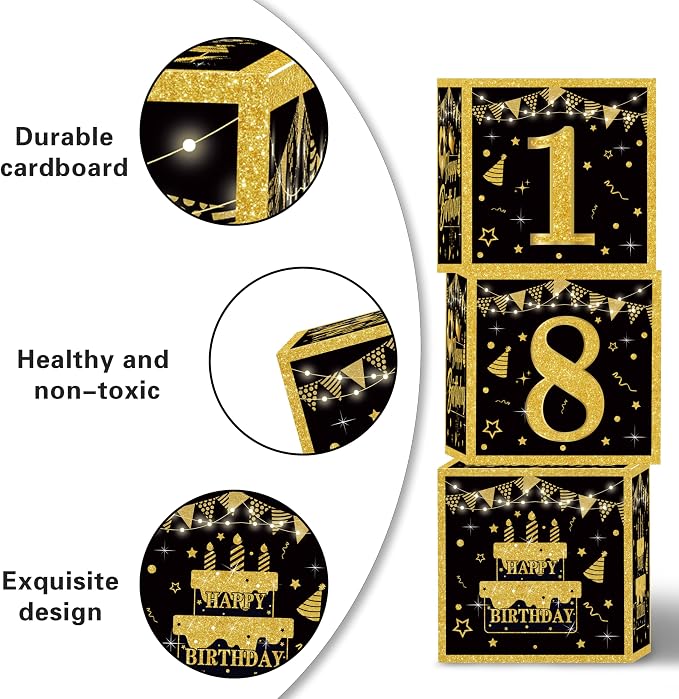 Gold 18th birthday decorations for boys Men,3pcs birthday Decorations for Men boys black and gold Balloon Boxes Birthday Party Favors