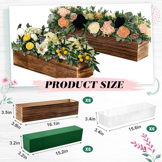 Dandat 6 Set Wooden Boxes for Centerpieces 16x4 Inch Rectangle Wooden Planter Box Rustic Wood Planter with Removable Plastic Liner Floral Foam Blocks for Centerpieces Home Wedding Garden Decor