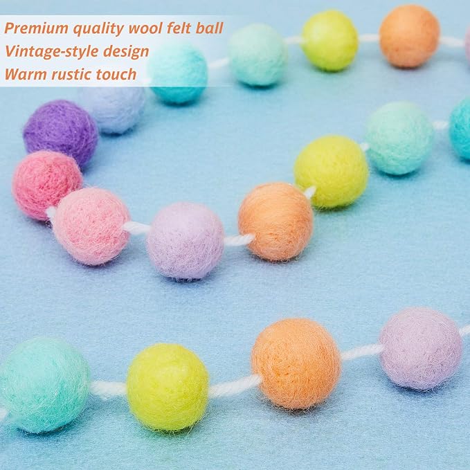 WILLBOND 3 Pieces Wool Felt Rainbow Ball Garland Colorful Pom Pom 6.5 ft Long 24 Ball Garland for Easter Mardi Gras Classroom Halloween Thanksgiving Xmas (Rainbow Colors)
