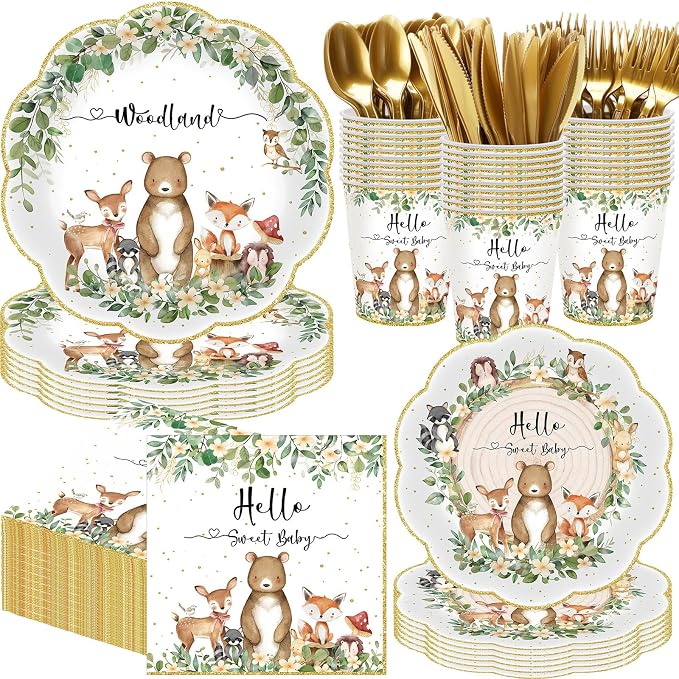 Funnymoom 400 Pcs Woodland Baby Shower Party Supplies for 50 Forest Animals Mountain Wilderness Plates Napkins Cups Spoons Forks Knives for Neutral Forest Animal Baby Shower(Green and Gold, Woodland)
