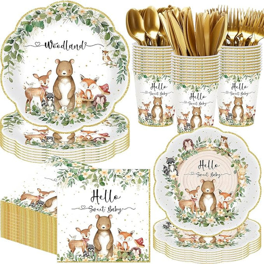 Funnymoom 400 Pcs Woodland Baby Shower Party Supplies for 50 Forest Animals Mountain Wilderness Plates Napkins Cups Spoons Forks Knives for Neutral Forest Animal Baby Shower(Green and Gold, Woodland)