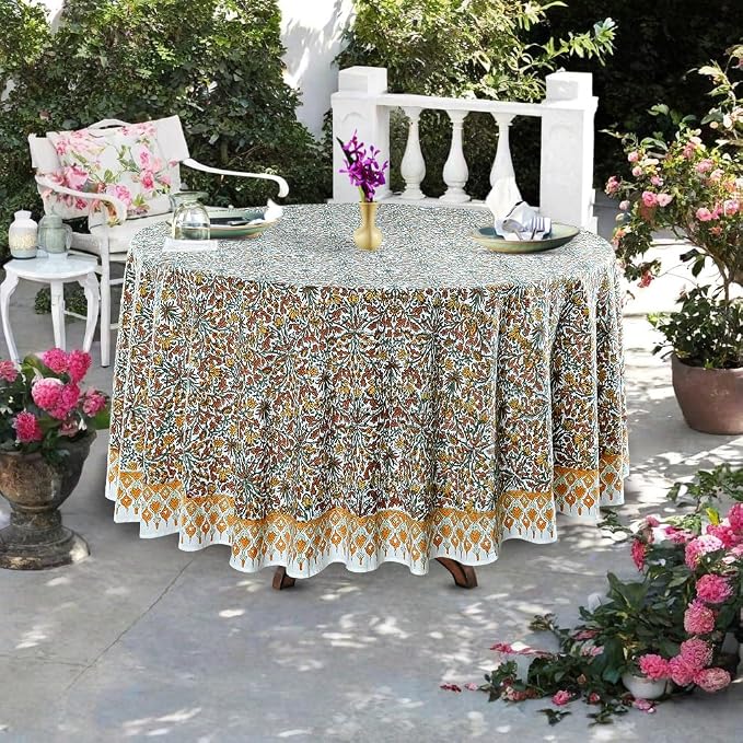 Ridhi Round Tablecloth Hand Block Print 100% Cotton Reusable Goldenrod Yellow 110 Inch Table Cover Decorative Everyday Use for Dining, Home, Party, Wedding, Farmhouse Gift for Spring, Mother's Day