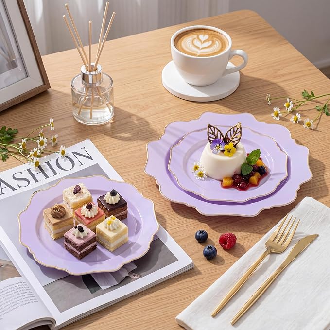 WDF 175Pcs Purple Plates Disposable - Lavender Plastic Plates 25guest Plastic Dinnerware Ideal for Birthday Party/Wedding/Spring/Picnic/First Communion