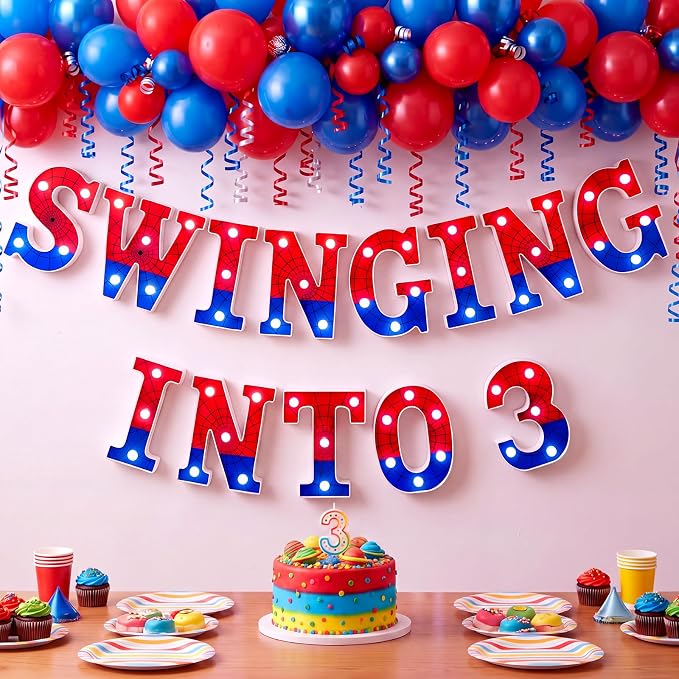 Honoson 13 Pcs Spider Theme 3rd Birthday Decorations Swinging into 3 LED Letter Lights Sign Red Blue Spider Theme Table Lights Decoration for 3 Years Birthday Party Supplies