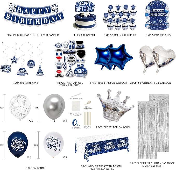 Birthday Decorations Men Blue - (Total 89pcs) blue party Banner, Pennant, Hanging Swirl, Foil Backdrops, balloons, Tablecloths, cupcake Topper, plates, Photo Props, birthday Sash for women boy