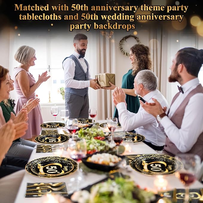 Pickmesh 400 Pcs 50th Wedding Anniversary Party Supplies - Black and Gold Disposable Paper Plates, Napkins and Cups - Tableware Decorations for Men and Women