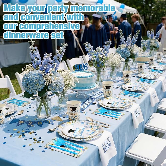 400 Pcs Class of 2026 Light Blue Graduation Decoration Floral for 50 Guests, Flower Blue Gold Graduation Paper Plates Napkins Cups Cutlery Grad Tableware for 2026 Congrats Grad Party Supply