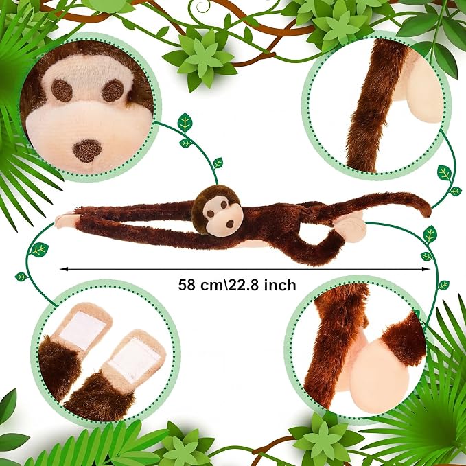 Hungdao 6 Packs Hanging Monkey Stuffed Jungle Animal Toy with Hook and Loop Jungle Party Hanging Plush Monkey for VBS Sunday School Classroom Party Decorations (24 Inch,Multicolor)