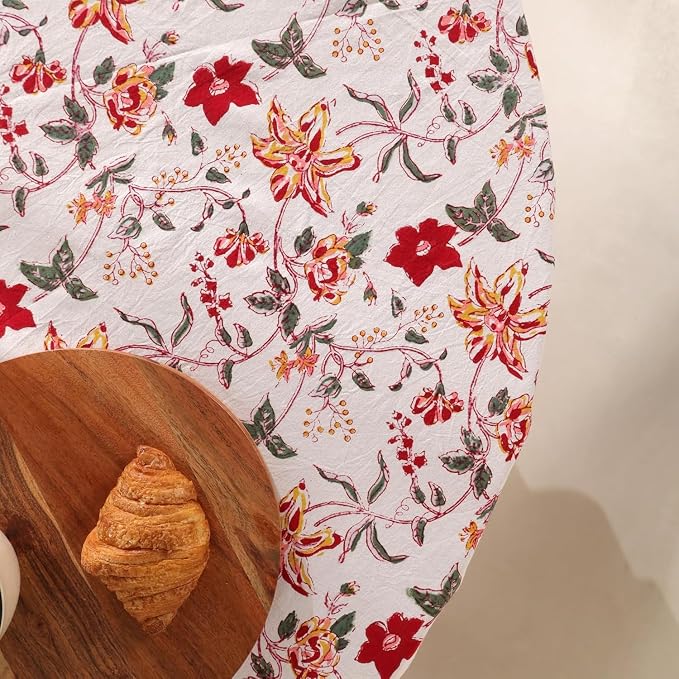 Hand Block Printed Tablecloth – Colorful Floral Print | 100% Cotton | Indian Artisan Handmade Art | Dining Room, Kitchen, Outdoor Décor, (Ruby Rose Charm, 6 Seater 72 Inches Round)