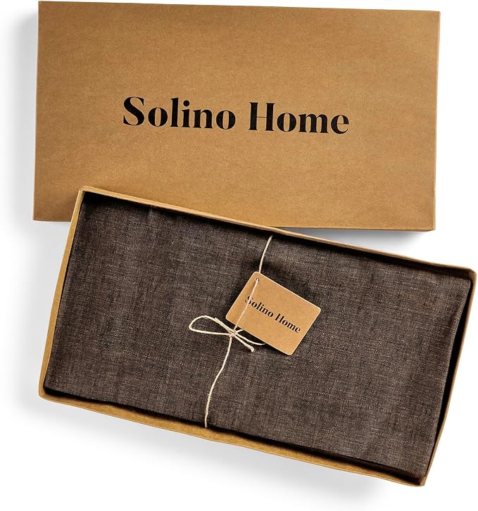 Solino Home Linen Tablecloth 60 x 120 Inch - 100% Pure Linen Chambray Brown Table Cloth for Rectangle Tables - Athena, Machine Washable Tablecloth