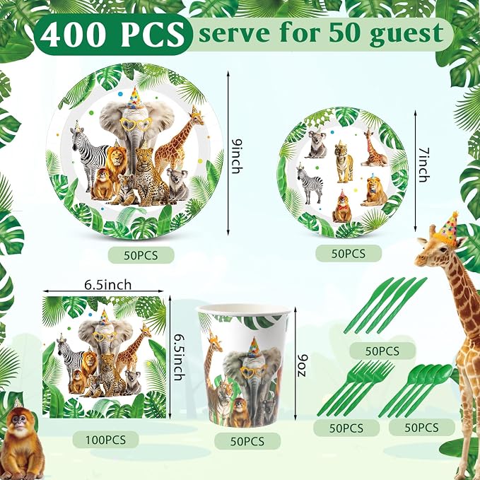 Funnymoom 400 Pcs Safari Happy Birthday Party Supplies for 50 Guests Jungle Animals Paper Plates and Napkins Knives Spoon Fork Cup Wild Animals Lion Tiger Dinner Sets for Zoo Birthday Party