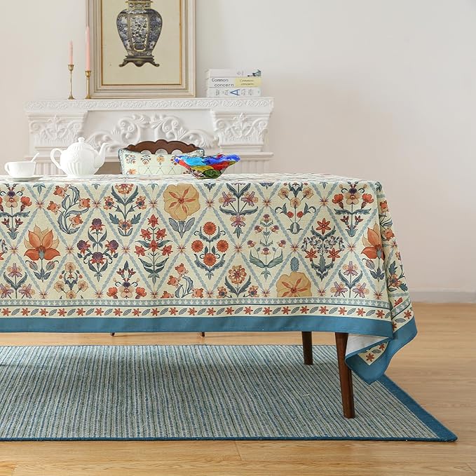 ISAENNE Designer Elegant Linen Rectangular Tablecloth,110"x63"-Floralsea A | French Vintage Long Table Cloth for Rectangle Table,Colorful Floral Pattern,Dining Room,Tea Party,Kitchen,Thanksgiving