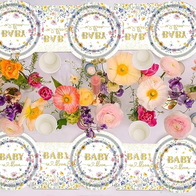 Wildflower Plates and Napkins Party Supplies - 350PCS Spring Floral Paper Plates Baby Shower Birthday Decorations Disposable Tableware Sets for Spring Summer Picnic Wedding Tea Party, Serve 50 Guests