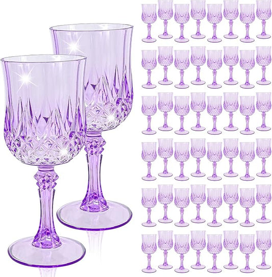 48 Pcs Light Purple Plastic Wine Glasses, Plastic Goblets for Parties, Vintage Wine Glasses Bulk, Reusable Drinking Glass, Drinkware Cups for Wedding Party Reception Event Supplies