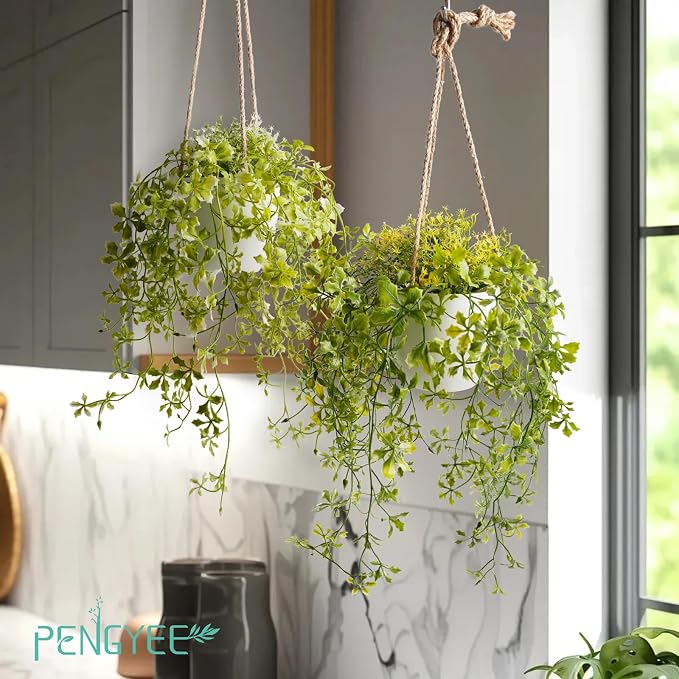 3 Packs 13" Fake Hanging Plants with White Pots for Wall Decor | Artificial Mandala Vine, Indoor/Outdoor Use, for Home Bathroom Bedroom Office Decor, Easy to Clean, Lifelike Appearance