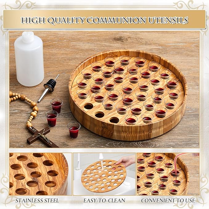 Zhehao 1 Pcs Wood Communion Trays for Churches Set Church Supplies Plates for Church with Disposable Cups (Olive Wood)