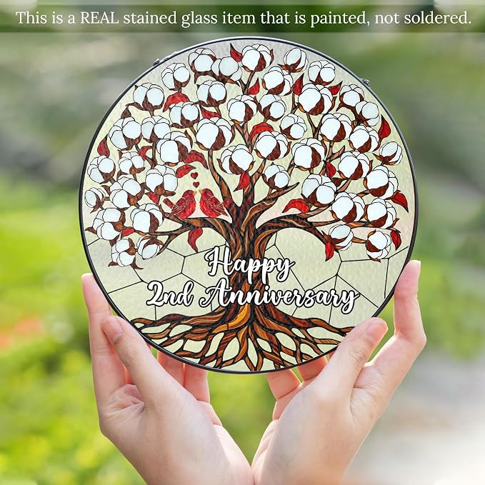 2nd Wedding Anniversary Stained Glass Suncatcher, Cotton Anniversary Wedding Gift, 2nd Anniversary Marriage Gifts for Couples, Wife, Husband or Parents, 2 Year Marriage Celebration