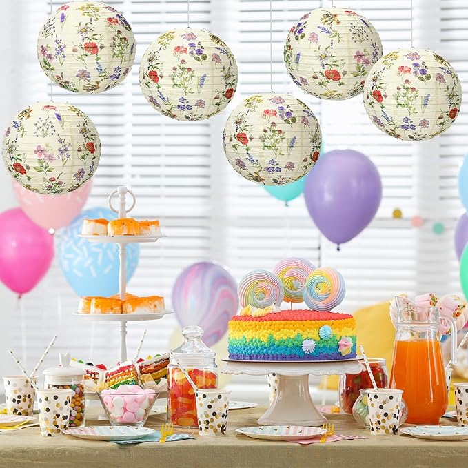 Honoson 12 Pcs Wildflower Paper Lanterns Spring Floral Wildflower Party Decorations Hanging 10 Inch Chinese Lanterns for Wedding Bridal Shower Baby Shower Tea Party Decorations