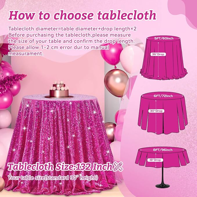 B-COOL Round Sequin Tablecloth Party Decorations: 132 Inch Fuchsia Table Cloth Glitter Fabric Overlay for Indoor Outdoor Dining Parties Home