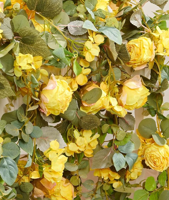 PONKING Flower Garland Artificial Rose & Hydrangea Vine Hanging Fake Flowers Vines for Wedding Birthday Party Valentines Christmas Room Wall Arch Decor, 1 Rose & 1 Hydrangea Yellow Floral Garland