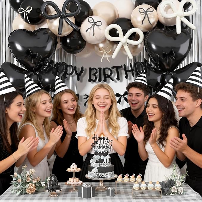 Black Bow Birthday Party Decorations, Coquette Bow Black Sand White Beige Balloons with Bows Decor Happy Birthday Banner Fringe Curtain for Women Girls Bows Theme Bachelorette Baby Shower Party