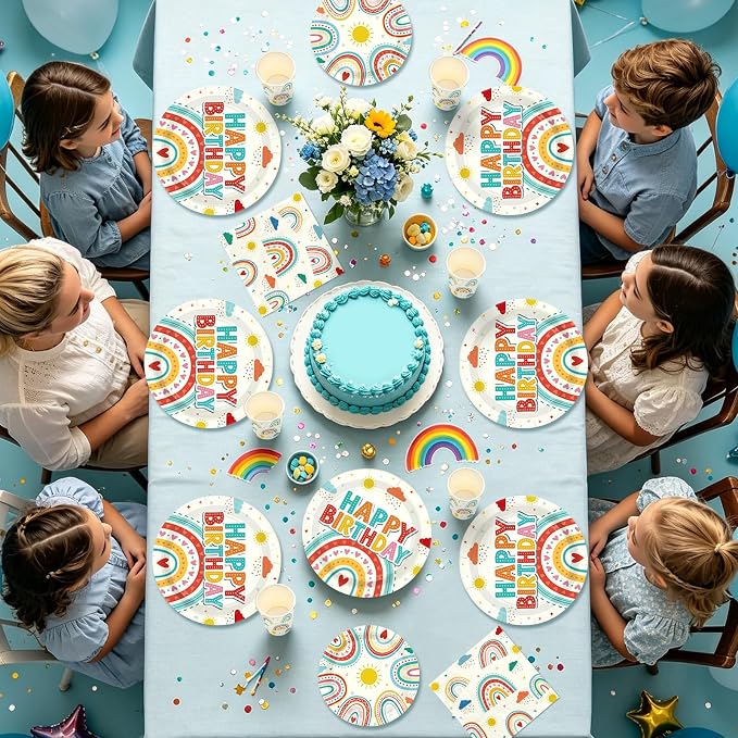 250 Pcs Retro Rainbow Birthday Party Decorations Colorful Rainbow Plates and Napkins Cups Sun Cloud Tableware Set for Boys Girls Baby Shower Boho Themed Birthday Party Supplies Serves 50
