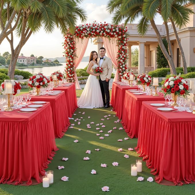 Red Tablecloth Rectangle 6 Foot Fitted Stretch Elastic Tulle Ruffle Tablecloths Rectangular Spandex Table Covers 6ft Birthday Baby Shower Wedding Party Table Cloths with Skirt 2Pack
