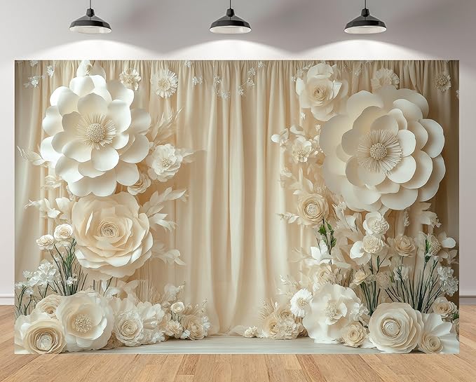 10x8ft Cream Paper Flower Backdrop Romantic Luxury Style 3D Stereo Paper Blooms Background for Birthday Party Baby Shower Decor Wedding Engagement Bride Portrait Photo Studio Booth Props