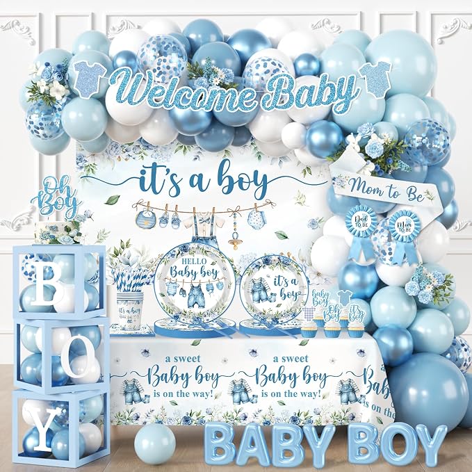 Baby Boy Shower Decorations, All-in-One Set with Boy Baby Shower Plates and Napkins, Balloon Arch, Cake Topper, Balloon Box, Banner, Tablecloth, Baby Shower Decorations Boy Serves 24