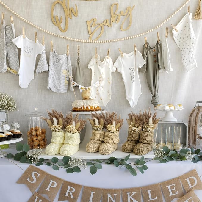 12 PCS Sets Handcrafted Boho Baby Shower Decorations, Baby Shower Table Decorations Centerpieces with Reusable Boho Flowers & Crochet Newborn Booties, Creative Gift for Gender Reveal Party, New Parents