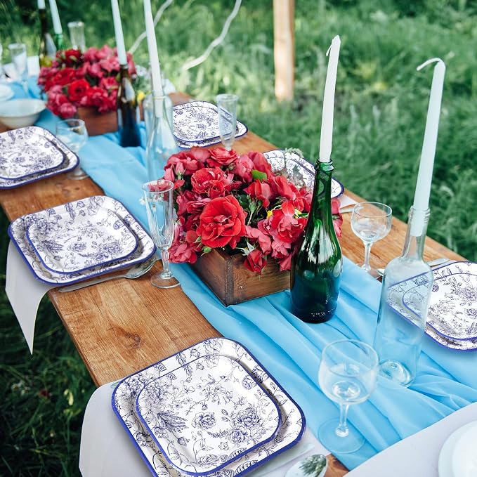 Umigy 100 Pcs Paper Plates Flower Dinner 9'' Floral Disposable Paper Plates 7'' Square Dessert Set for Dinner Birthday Wedding Baby Shower Party Tableware(Blue,Flower)